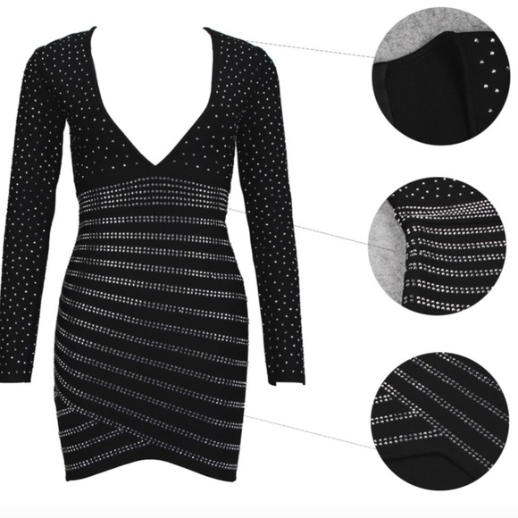 EMBELLISHED CRYSTAL RHINESTONE BLACK BANDAGE DRESS - Picture 8 of 13